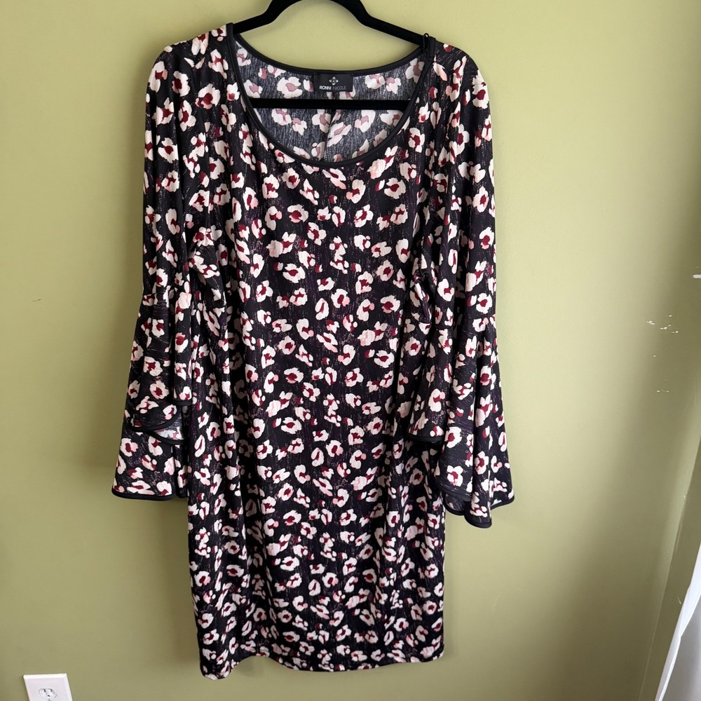 Ronni Nicole Floral Leopard Print Bell Sleeve Stretch Shift Dress Black Sz 1X